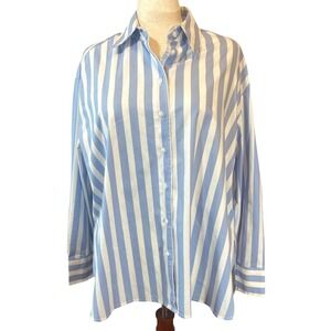 Oversized Striped Button-Up Tunic Cotton Blend Spring Layering Size 14/16